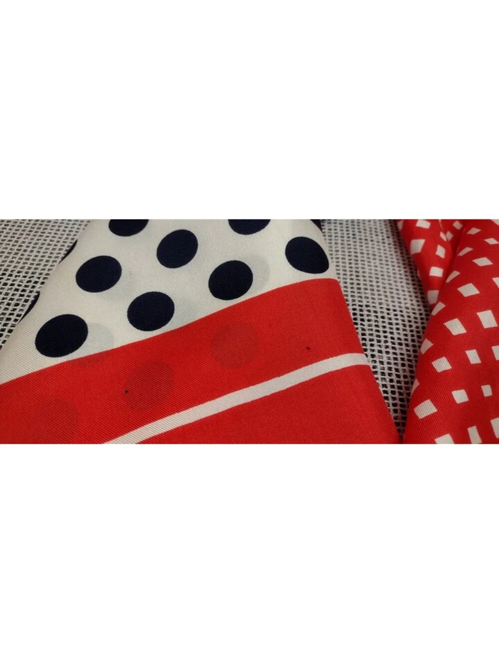 Vinage 1960s White DOTS Echo All Silk Scarf Red Orange White & Blue Polka Dots